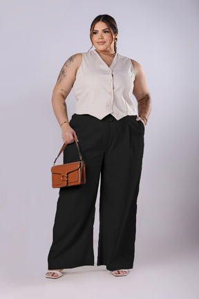 Calça Pantalona de Linho com Pregas Preta