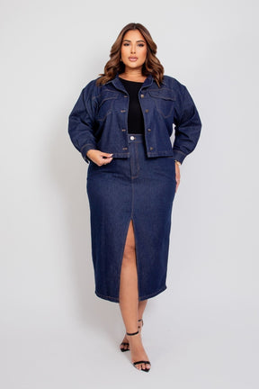 Saia Midi com Fenda Frontal Jeans