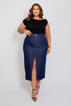 Saia Midi com Fenda Frontal Jeans