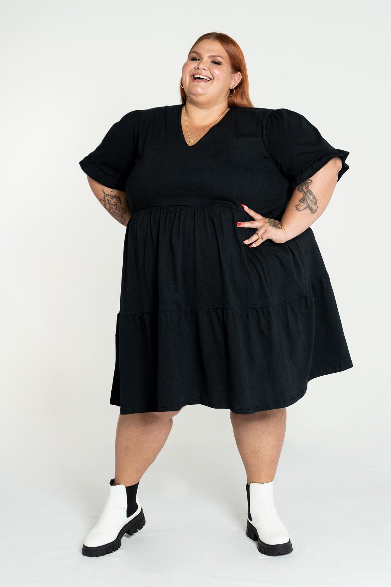 Vestido Dois Babados Manga Curta de Algodão