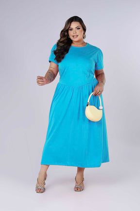 Vestido Midi de Algodão Cintura Baixa com Manga Curta