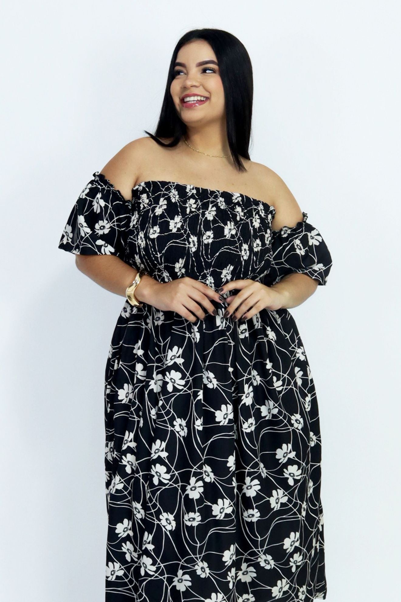Vestido Midi Estampado Ombro a Ombro com Mangas