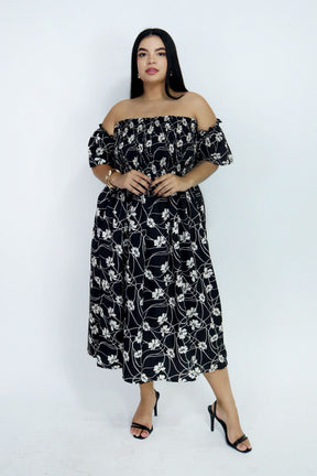 Vestido Midi Estampado Ombro a Ombro com Mangas