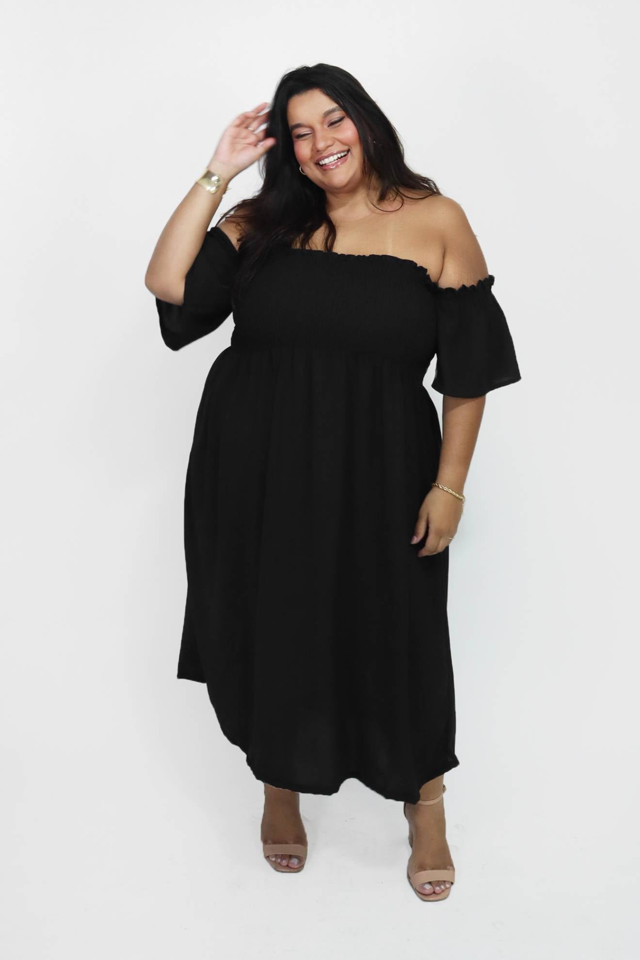 Vestido Midi Ombro a Ombro com Mangas Duna