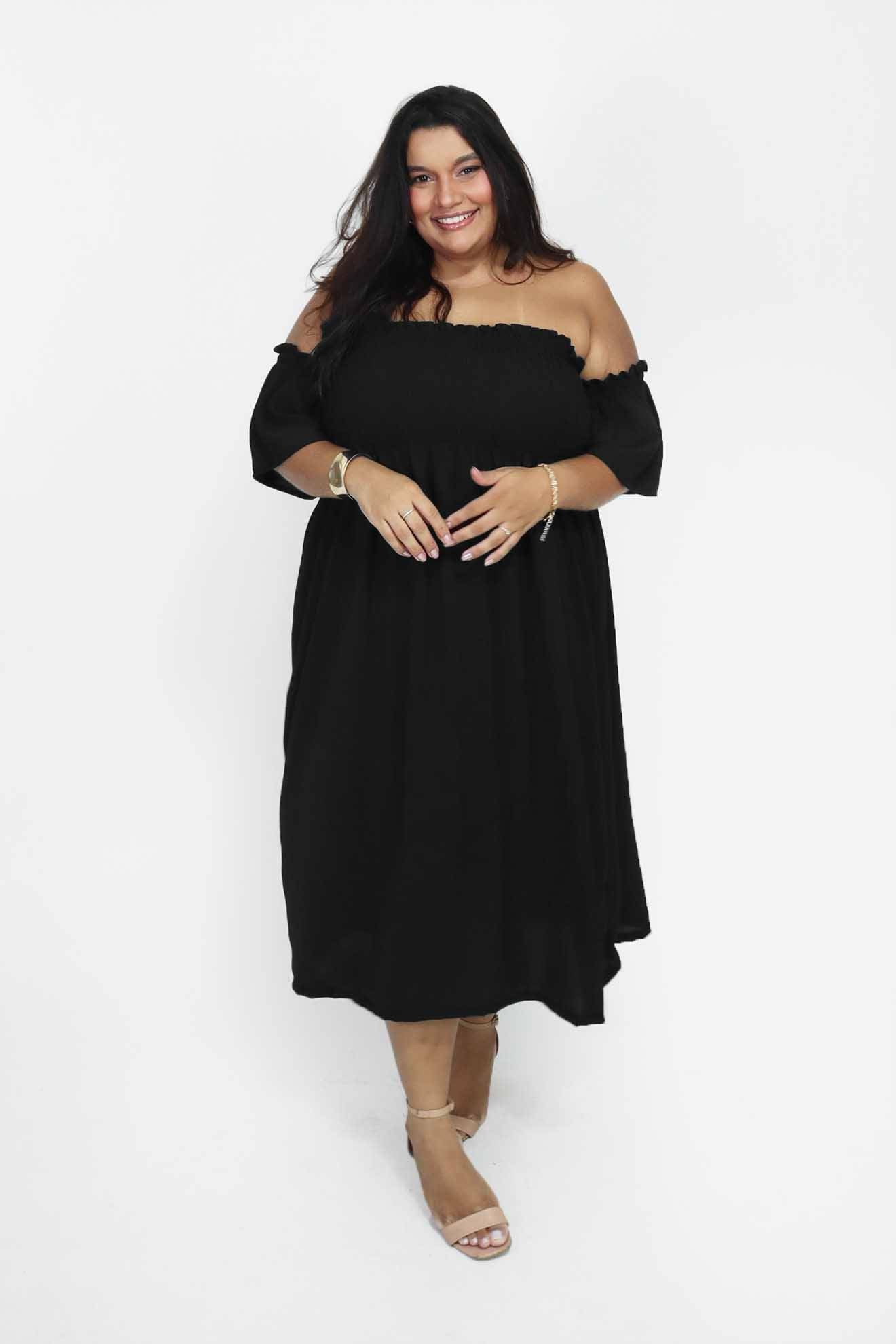 Vestido Midi Ombro a Ombro com Mangas Duna